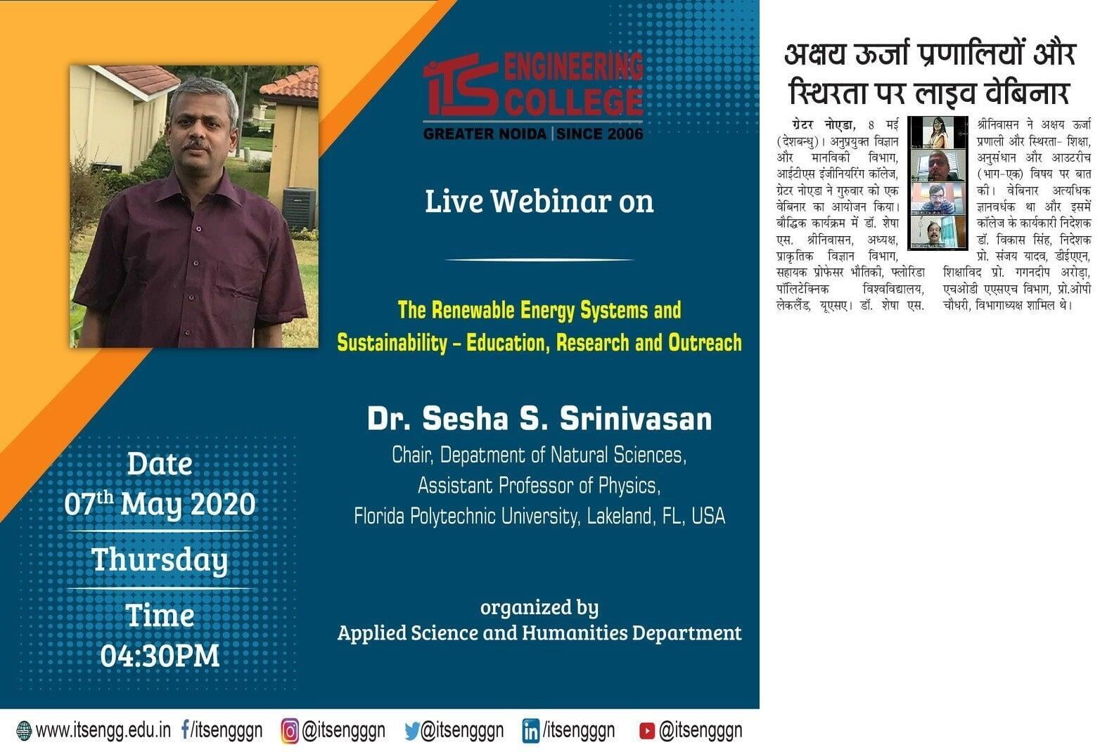 Live Webinar on the Renewable Energy Systems and Sustainability