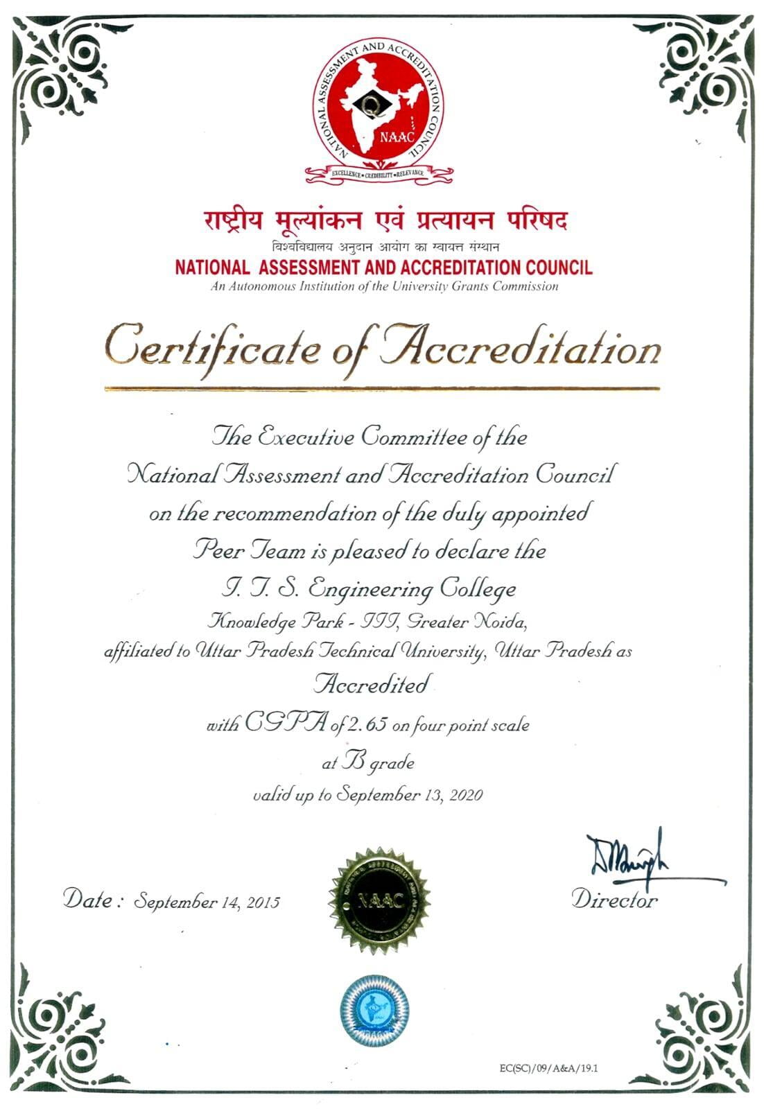 NAAC Certificate ITS Engineering College
